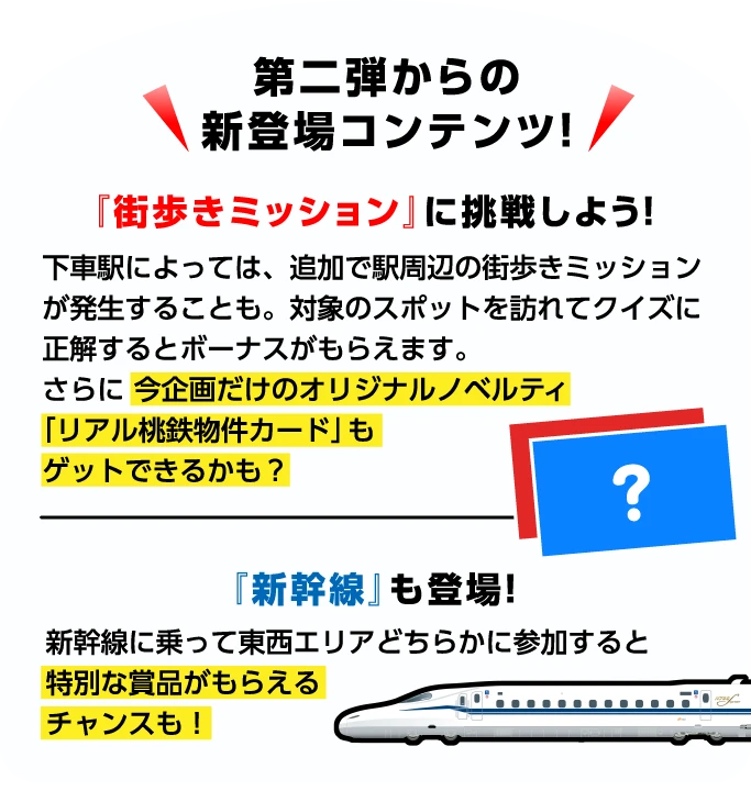 第二弾からの新登場コンテンツ！『街歩きミッション』に挑戦しよう！『新幹線』も登場！