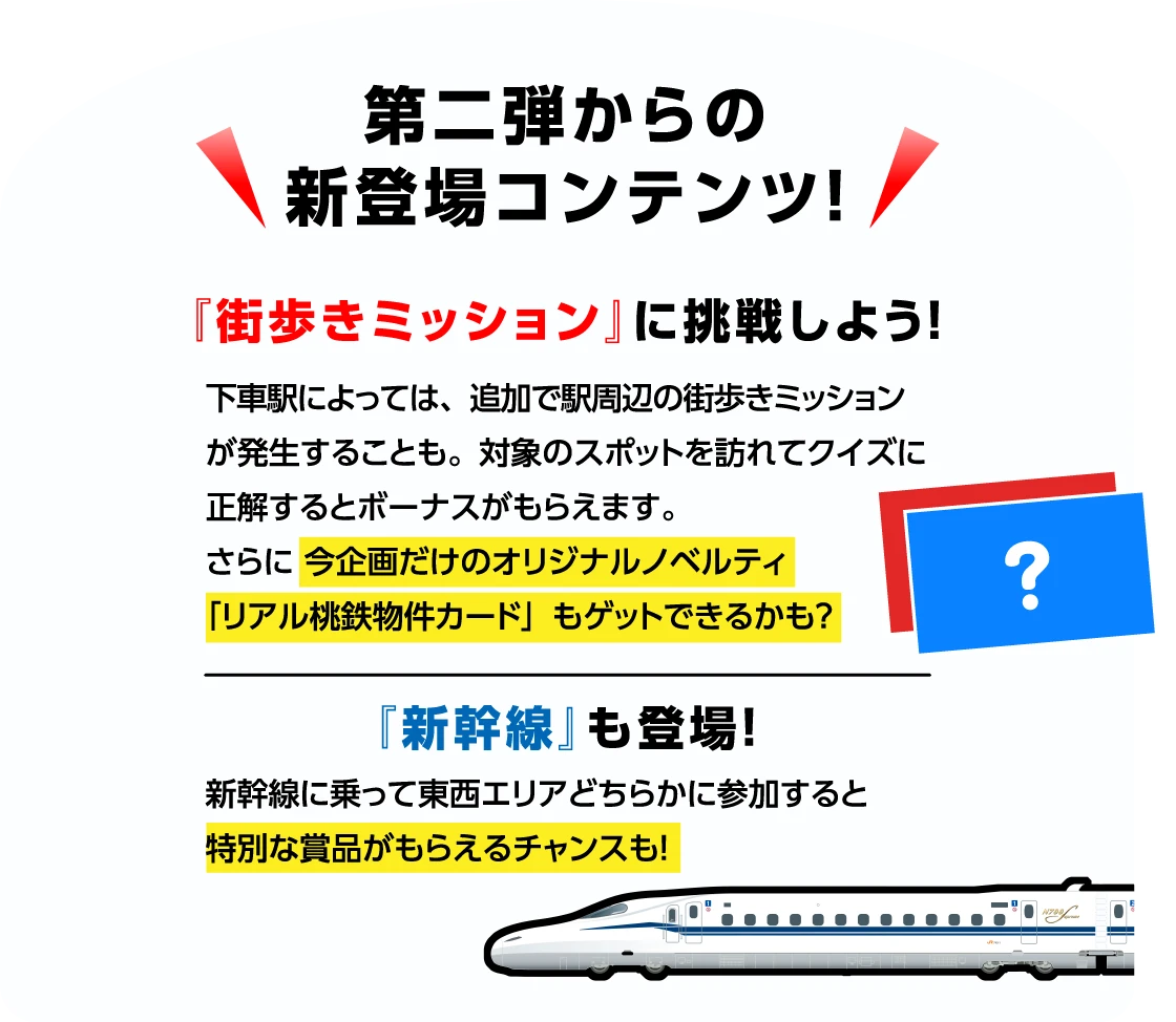 第二弾からの新登場コンテンツ！『街歩きミッション』に挑戦しよう！『新幹線』も登場！